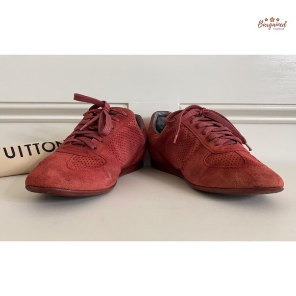 Authentic Louis Vuitton Pink Perforated Suede LV Logo Low Top Sneakers Size 7.5 - Picture 9 of 13